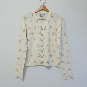 Ganni Cream Cardigan with Yellow Floral Print and Crystal Buttons